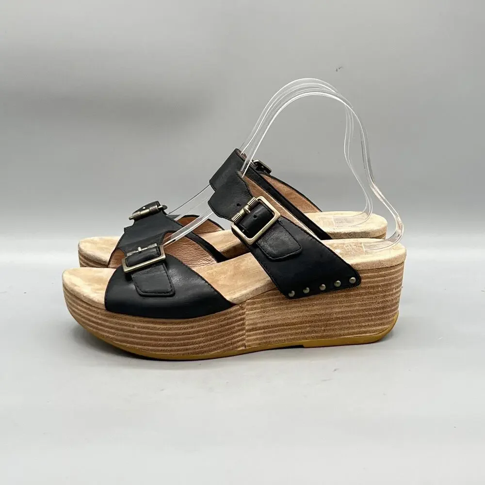 Dansko Sandals Womens 8.5 Black Leather Slingback Buckle Platform Wedge Shoes